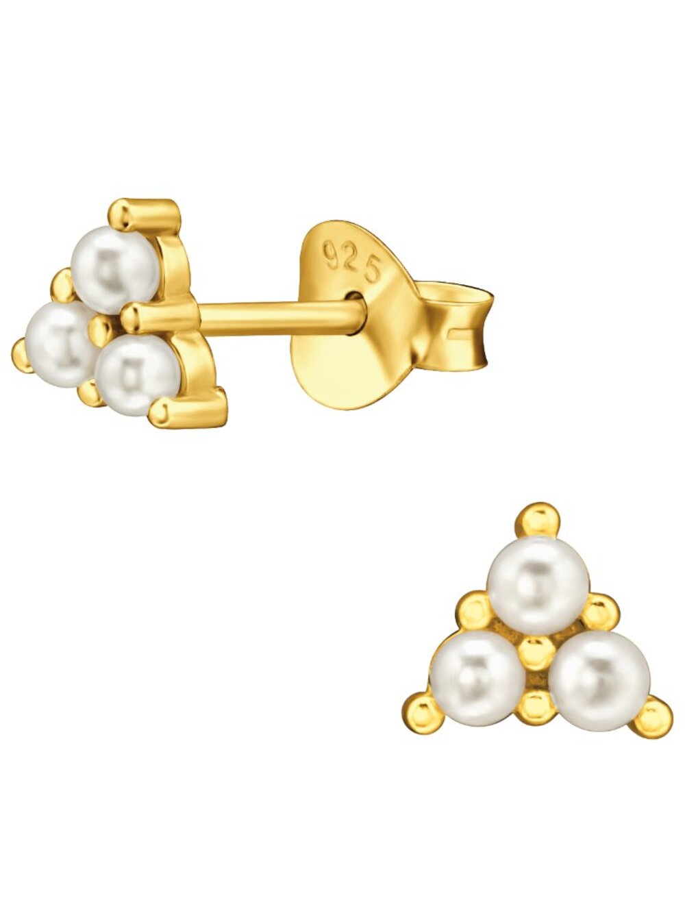 Gold Vermeil Pearl Trio Stud Earrings Dainty Cluster 5mm